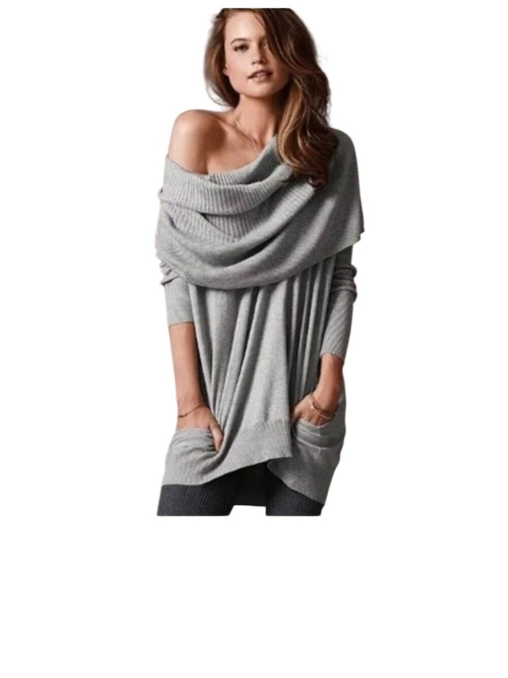 Victorias Secret Cashmere Bld Gray Off Shoulder Ribbed Knit Oversized Sweater M